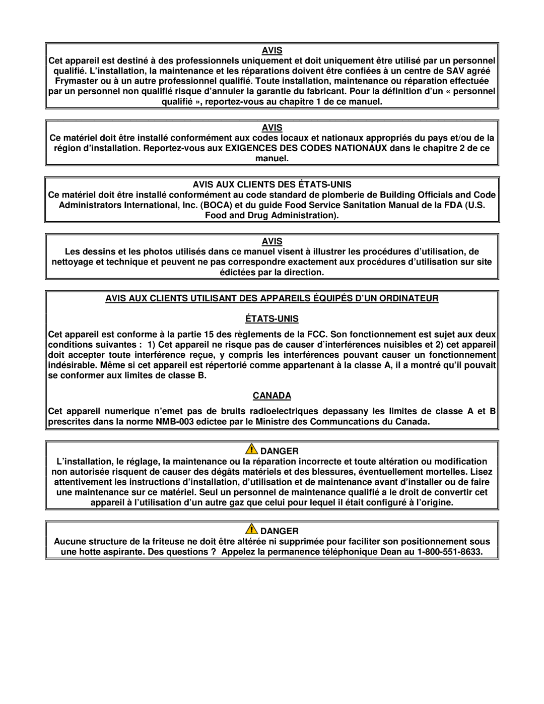 Frymaster CF manual Avis 