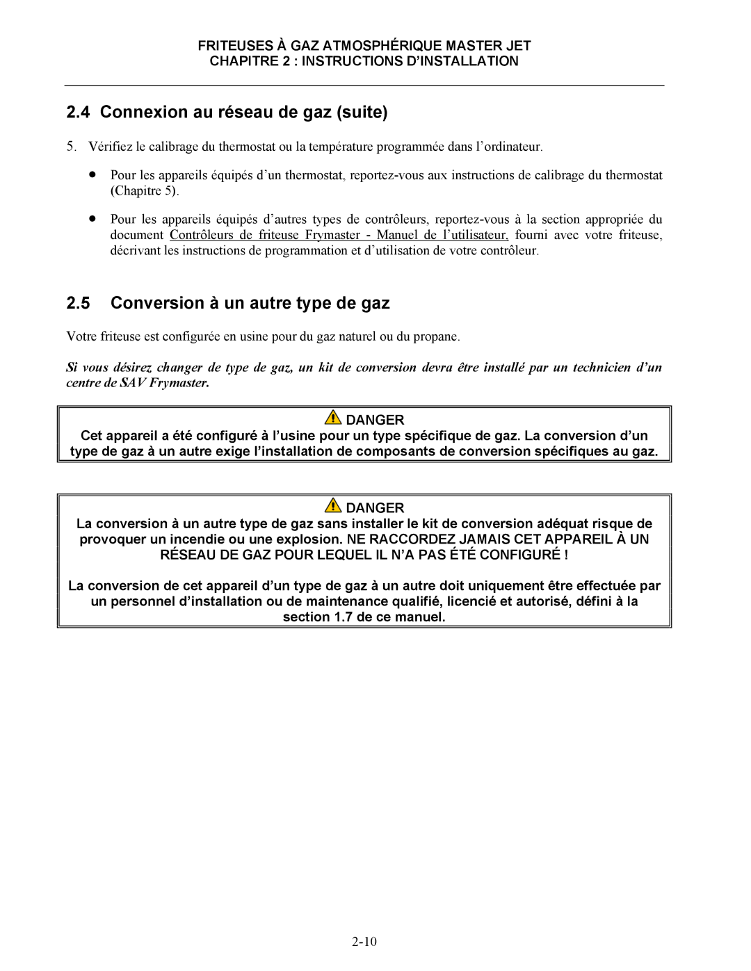 Frymaster CF manual Conversion à un autre type de gaz 