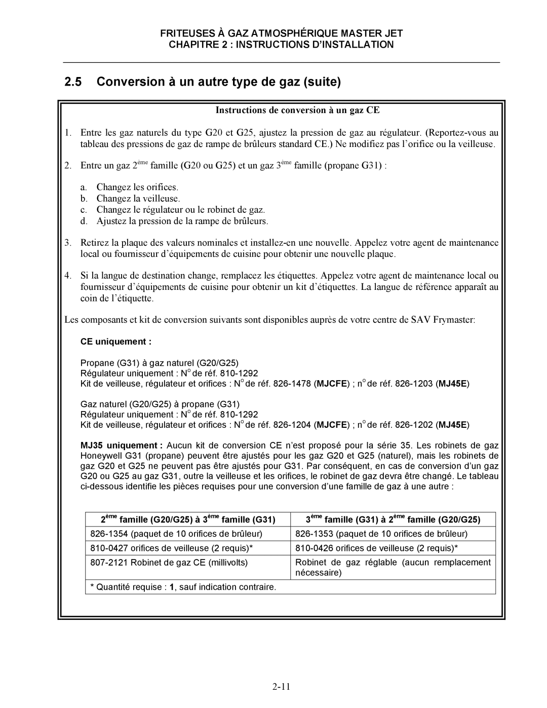 Frymaster CF manual Conversion à un autre type de gaz suite, Instructions de conversion à un gaz CE 