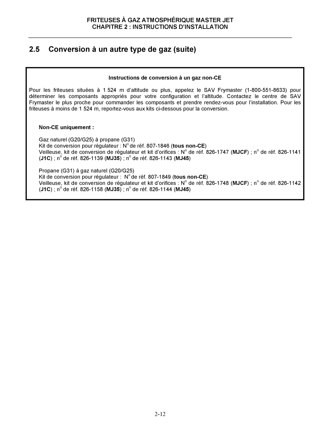 Frymaster CF manual Instructions de conversion à un gaz non-CE 