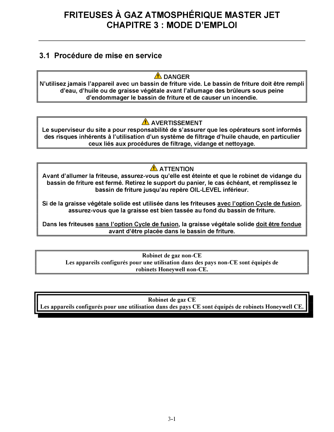 Frymaster CF manual Procédure de mise en service, Avertissement 