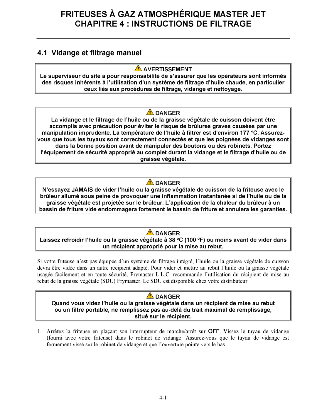 Frymaster CF manual Vidange et filtrage manuel 