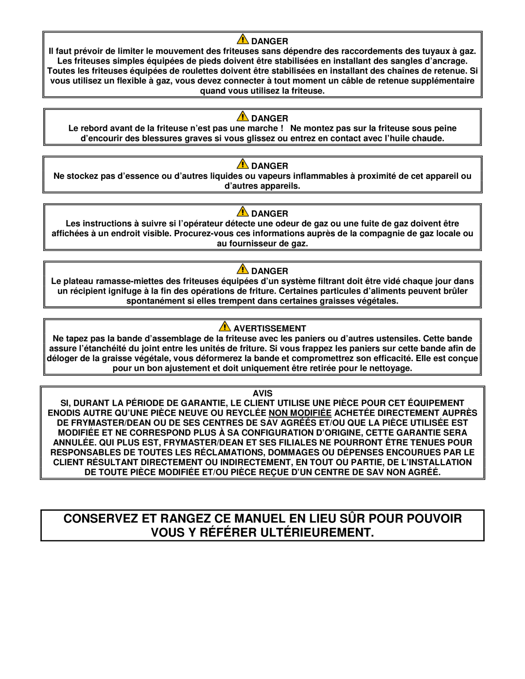 Frymaster CF manual Avertissement 