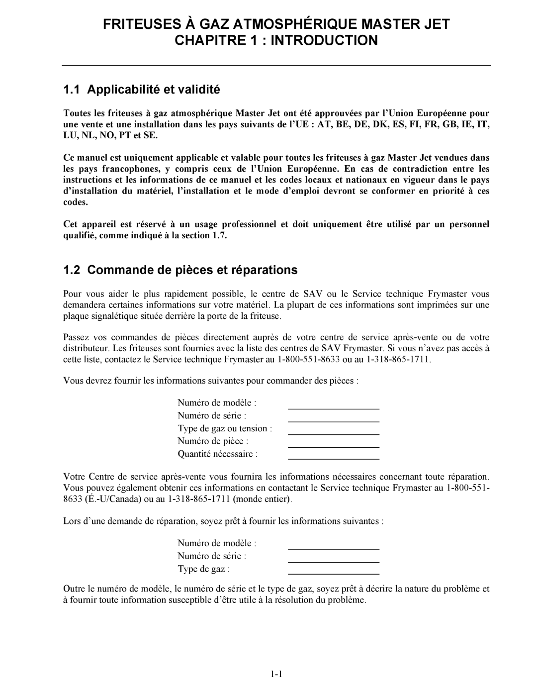 Frymaster CF manual Applicabilité et validité, Commande de pièces et réparations 