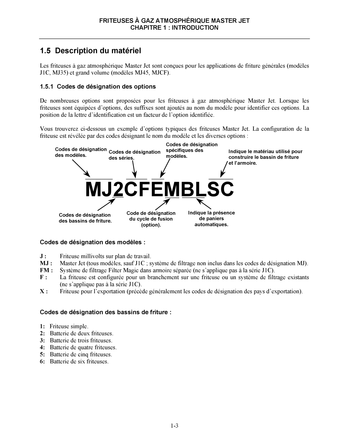 Frymaster CF manual Description du matériel, Codes de désignation des options, Codes de désignation des modèles 