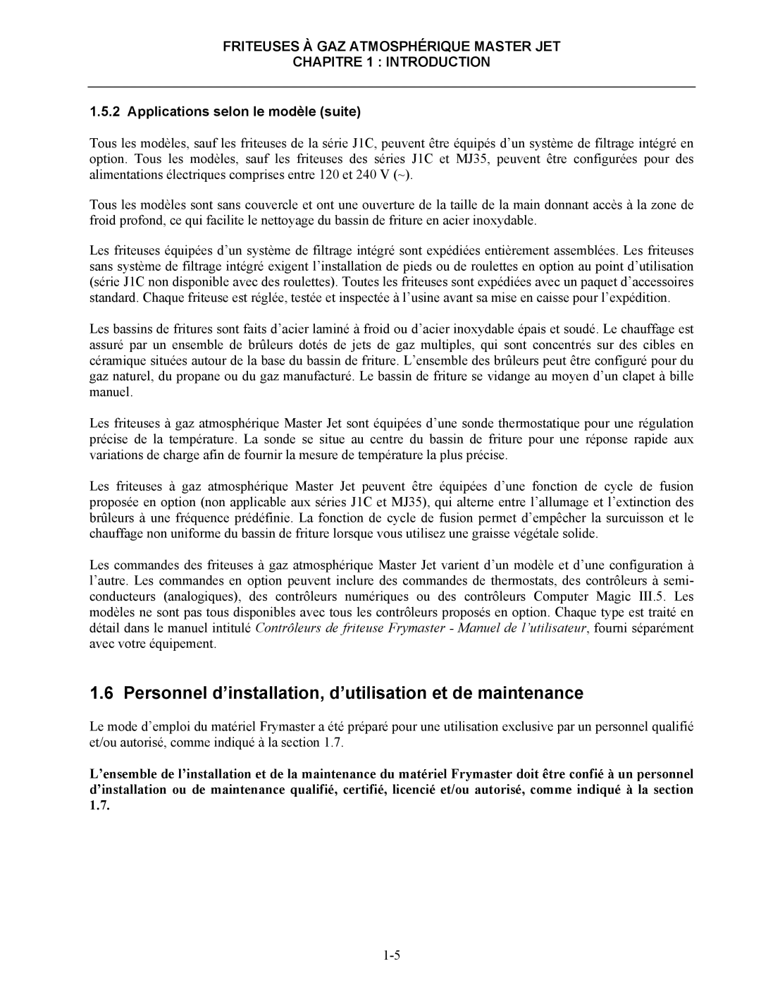 Frymaster CF manual Personnel d’installation, d’utilisation et de maintenance, Applications selon le modèle suite 