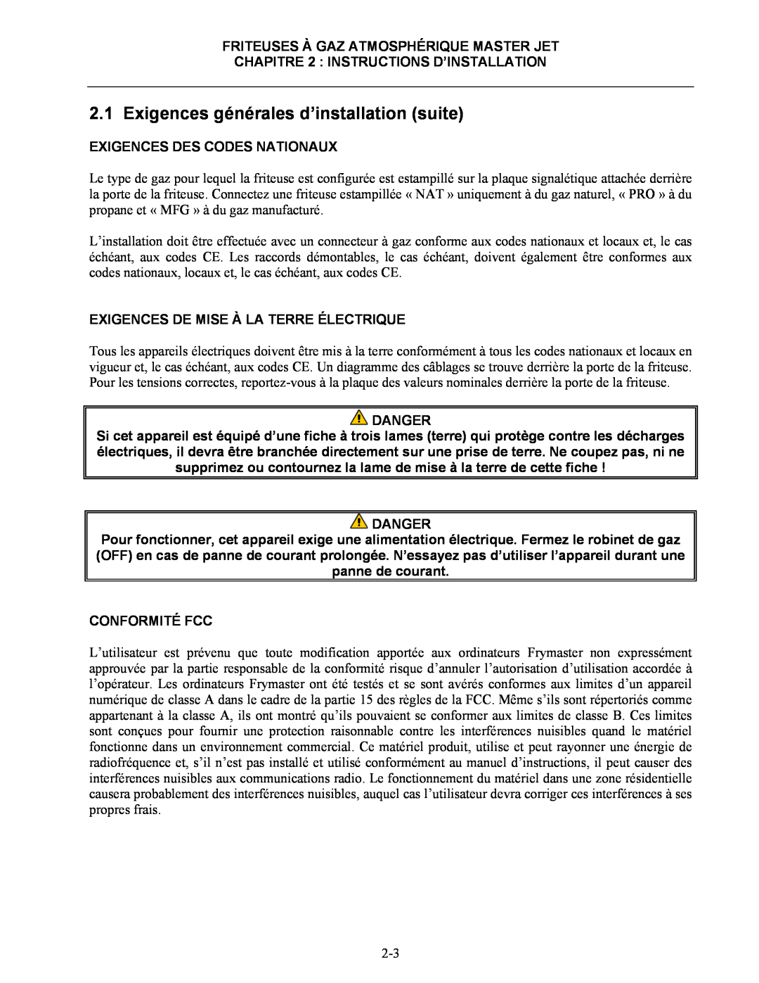 Frymaster CF manual Exigences Des Codes Nationaux, Exigences De Mise À La Terre Électrique, Conformité Fcc, Danger 