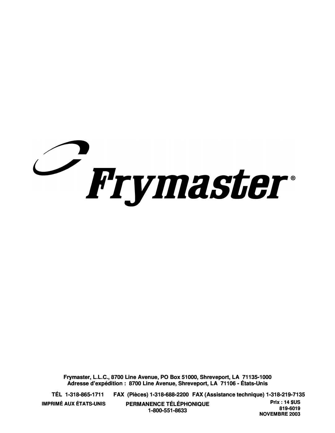 Frymaster CF FAX Pièces 1-318-688-2200 FAX Assistance technique, Permanence Téléphonique, Imprimé Aux États-Unis, 819-6019 