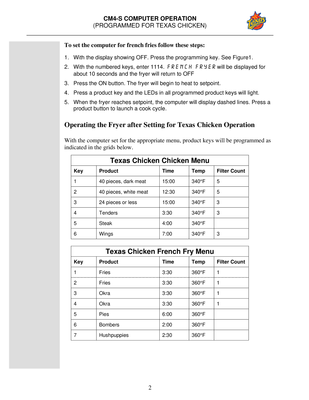 Frymaster warranty CM4-S Computer Operation, To set the computer for french fries follow these steps 