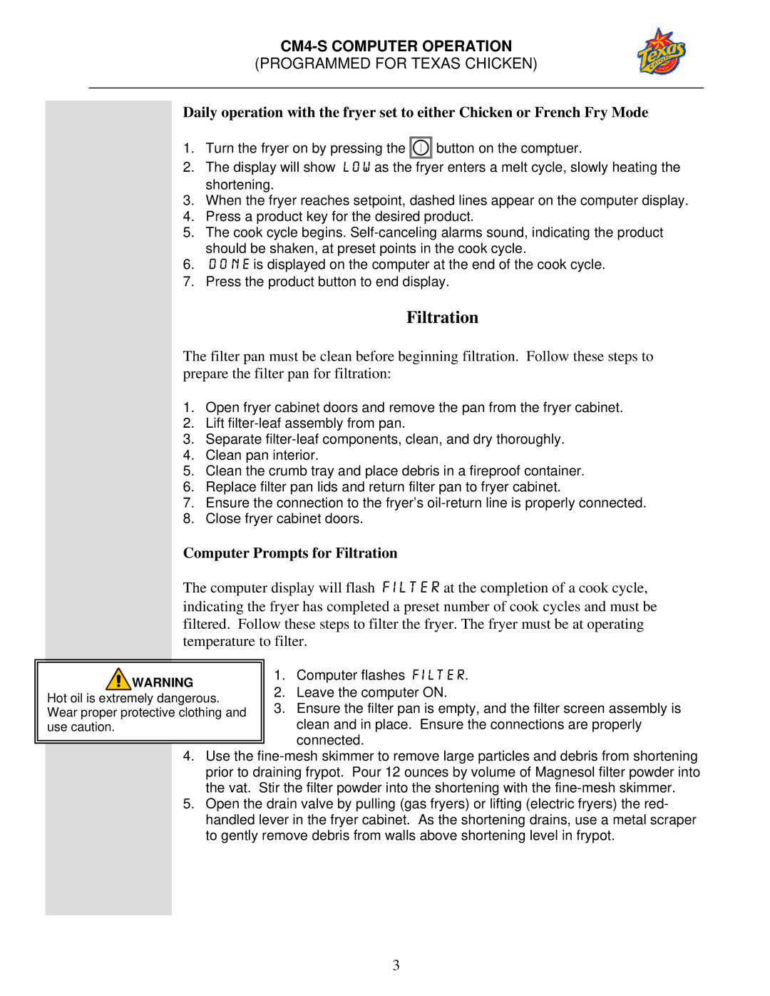 Frymaster CM4-S warranty Computer Prompts for Filtration 