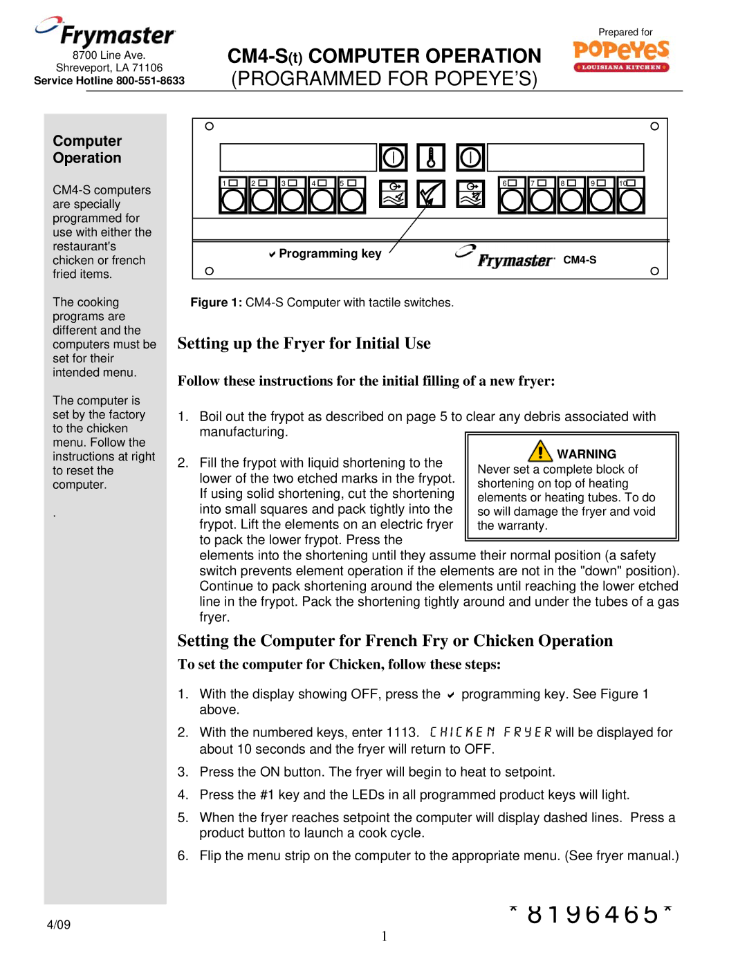 Frymaster CM4-S(T) warranty Setting up the Fryer for Initial Use, Setting the Computer for French Fry or Chicken Operation 