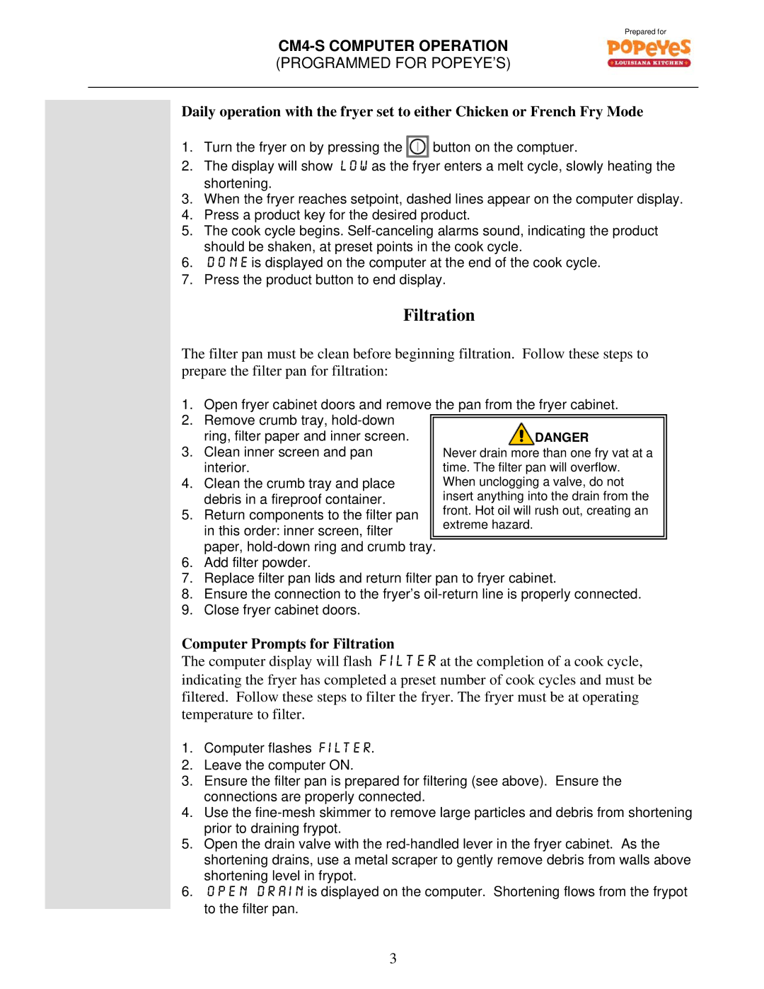 Frymaster CM4-S(T) warranty Computer Prompts for Filtration 