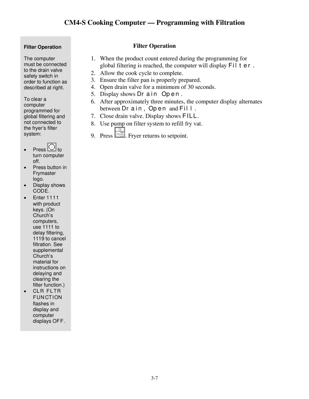 Frymaster cm45 s operation manual Filter Operation 