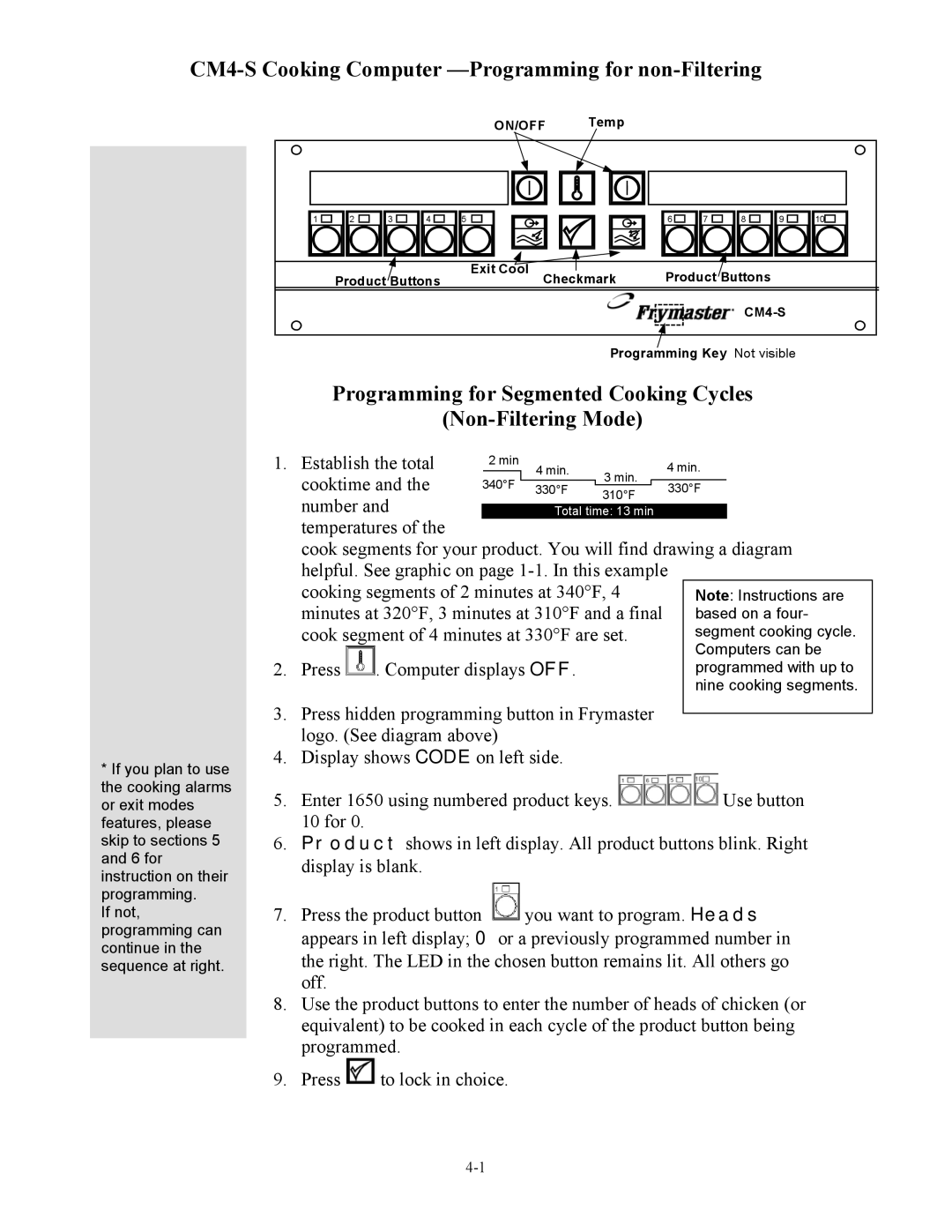 Frymaster cm45 s operation manual CM4-S Cooking Computer -Programming for non-Filtering 