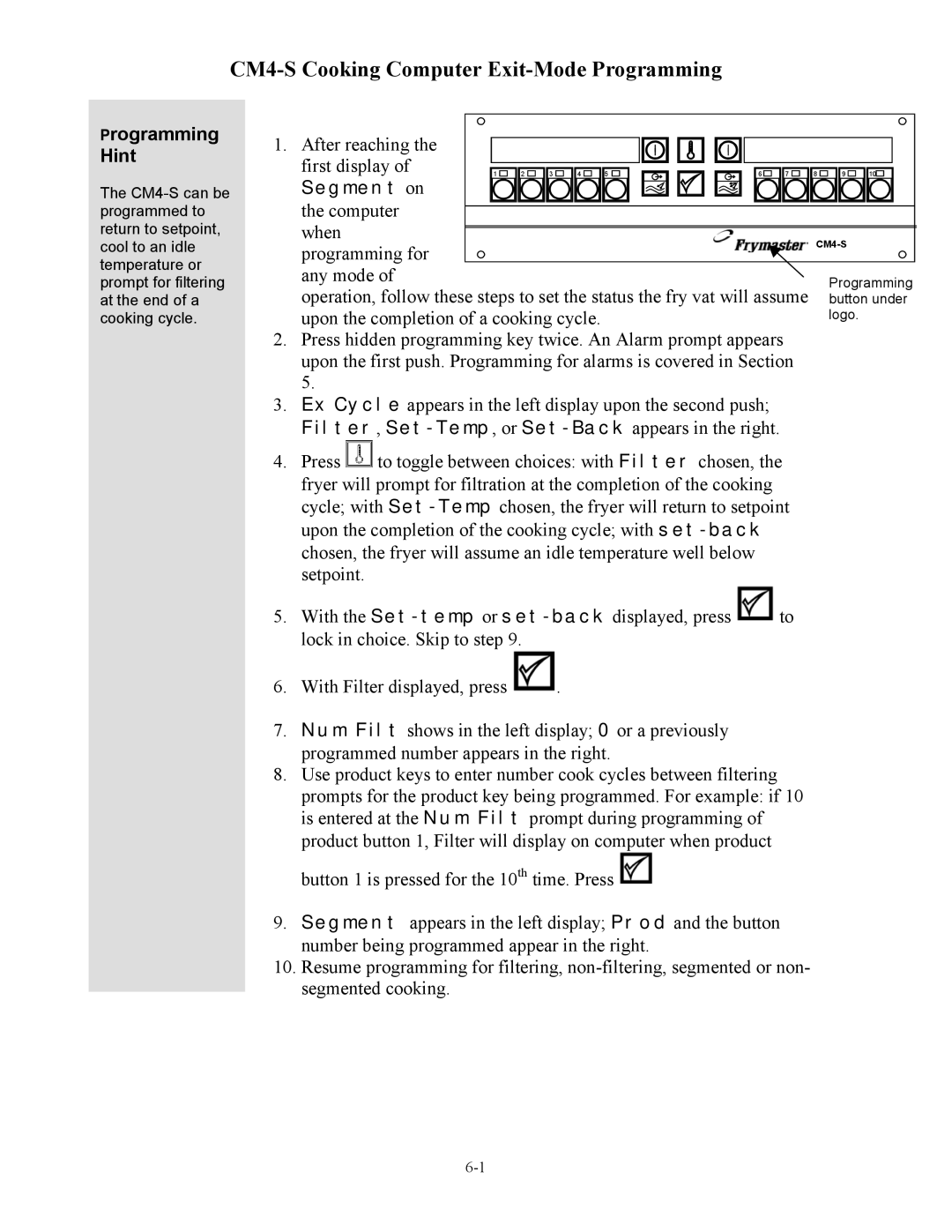 Frymaster cm45 s operation manual CM4-S Cooking Computer Exit-Mode Programming, Segment on 