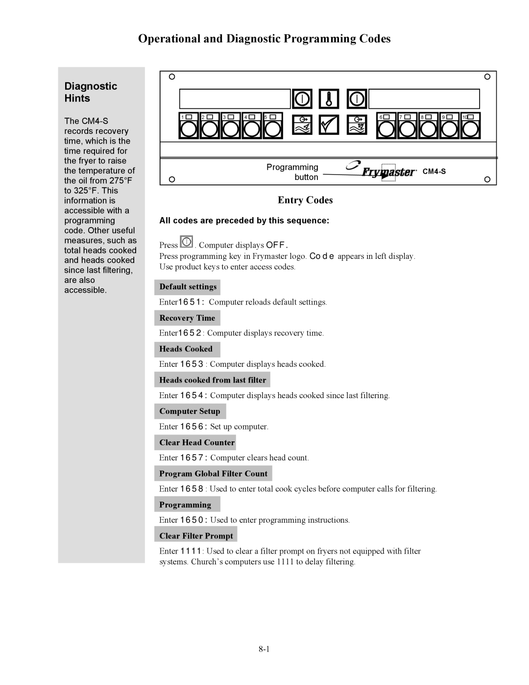 Frymaster cm45 s operation manual Operational and Diagnostic Programming Codes, Entry Codes 