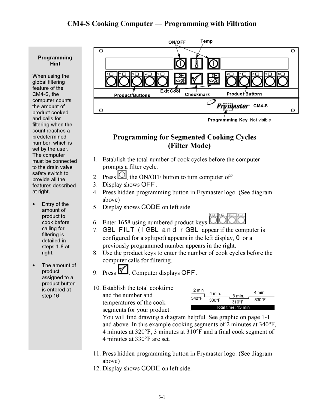 Frymaster cm45 s operation manual CM4-S Cooking Computer Programming with Filtration, Filter Mode 