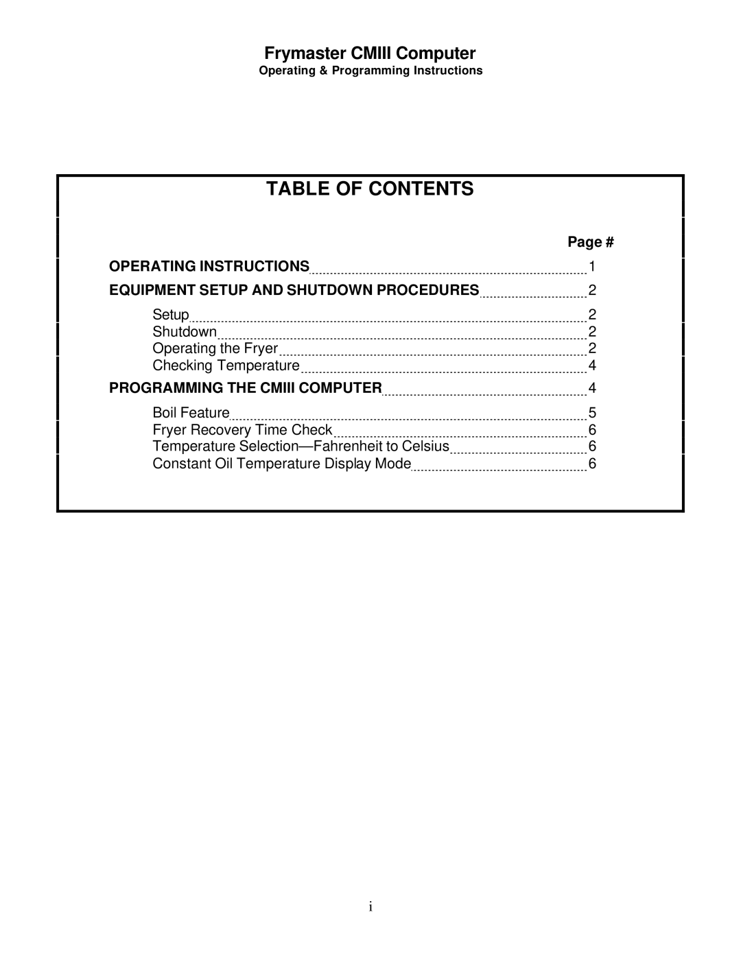 Frymaster CMIII.5 manual Table of Contents 