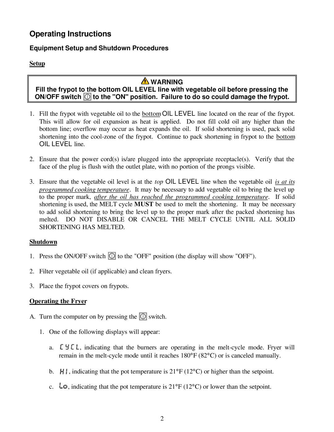 Frymaster CMIII.5 manual Equipment Setup and Shutdown Procedures, OIL Level line 