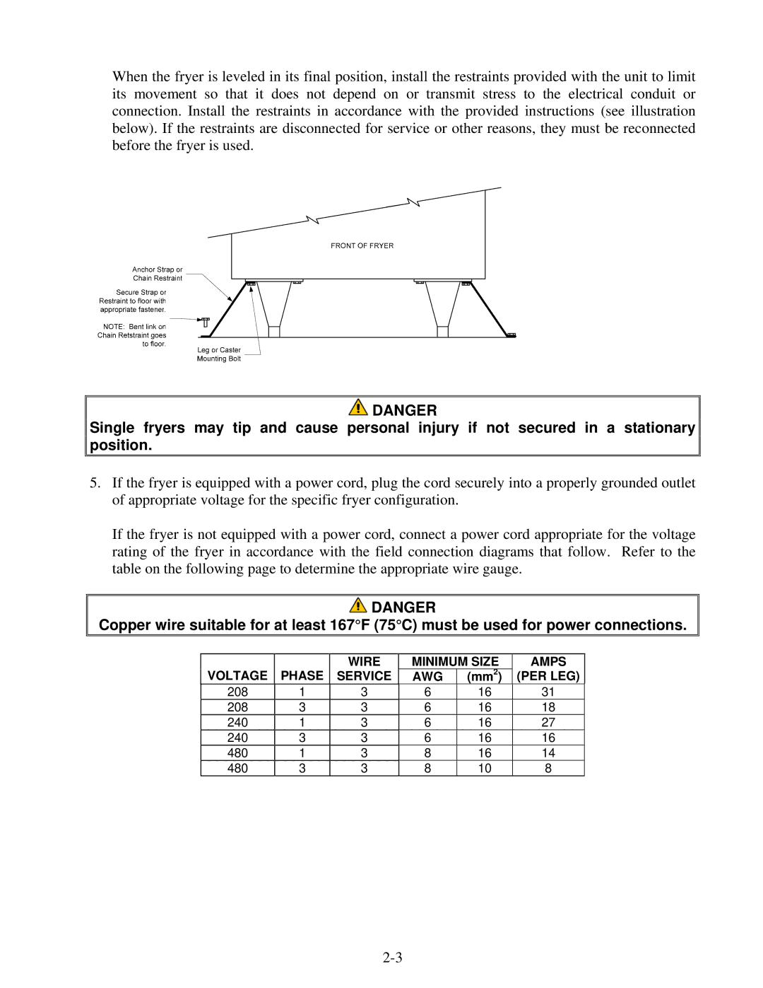 Frymaster 824E, Combinations, 2424E operation manual Voltage Phase Wire Minimum Size Amps Service AWG PER LEG 