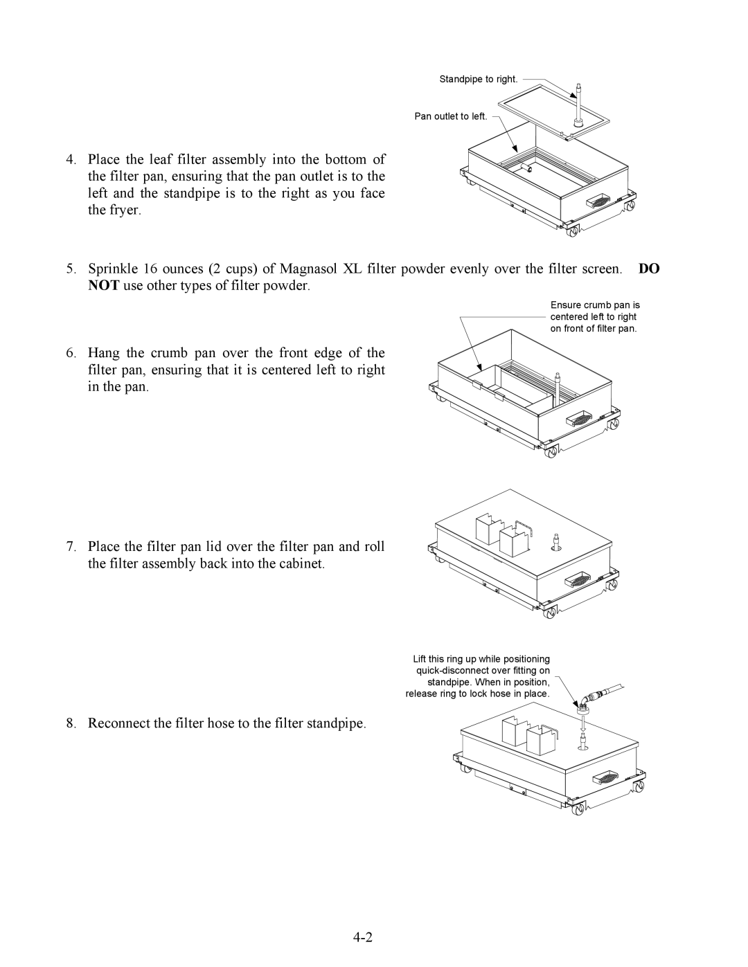 Frymaster 824E, Combinations, 2424E operation manual Reconnect the filter hose to the filter standpipe 