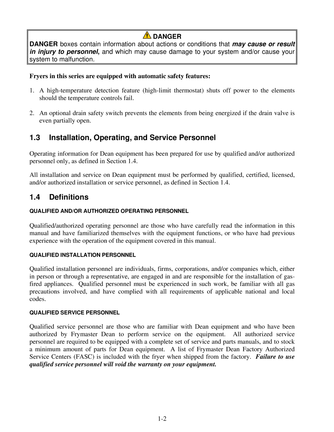 Frymaster Combinations, 824E, 2424E operation manual Installation, Operating, and Service Personnel, Definitions 