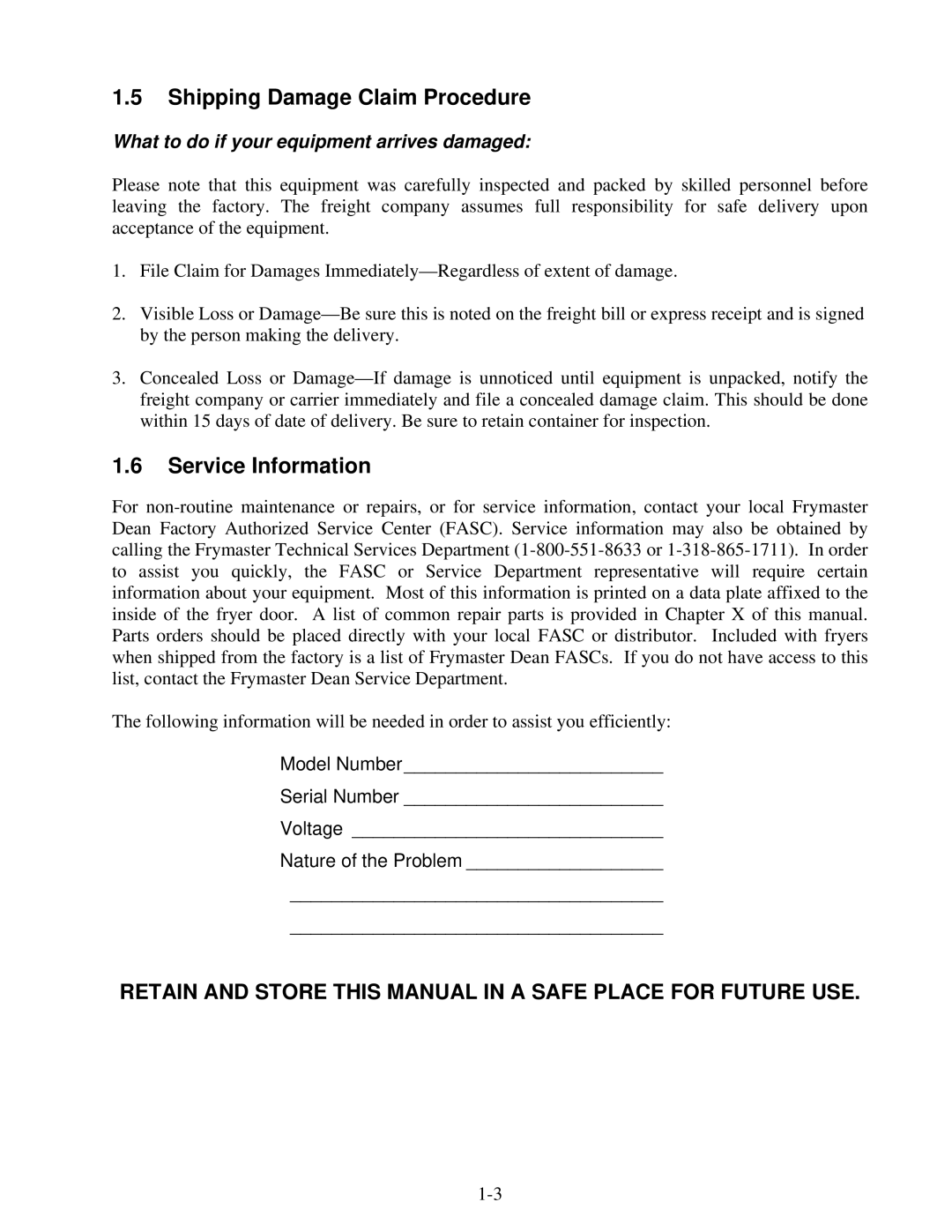 Frymaster 824E, Combinations, 2424E operation manual Shipping Damage Claim Procedure, Service Information 