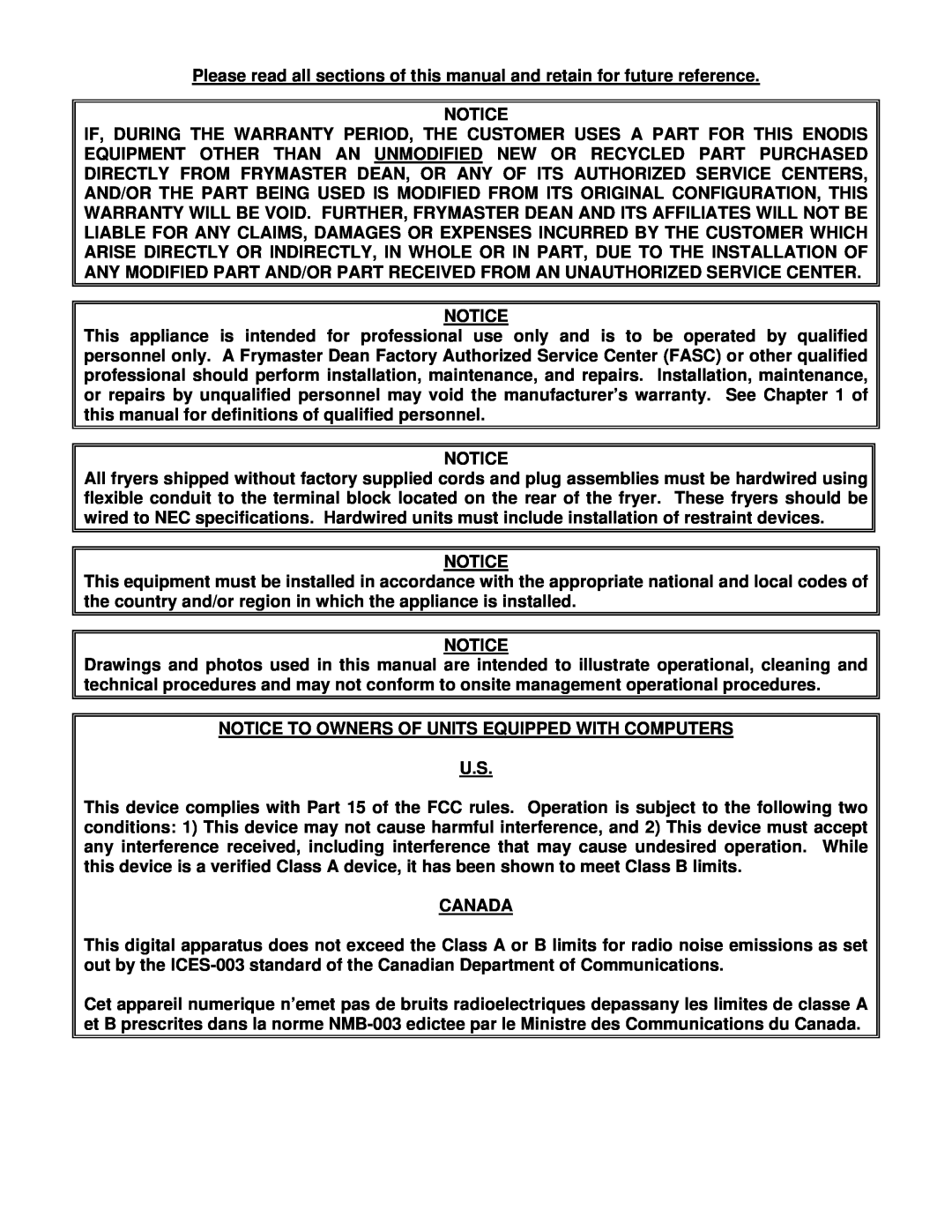 Frymaster 2424E, Combinations, 824E operation manual Notice To Owners Of Units Equipped With Computers, Canada 