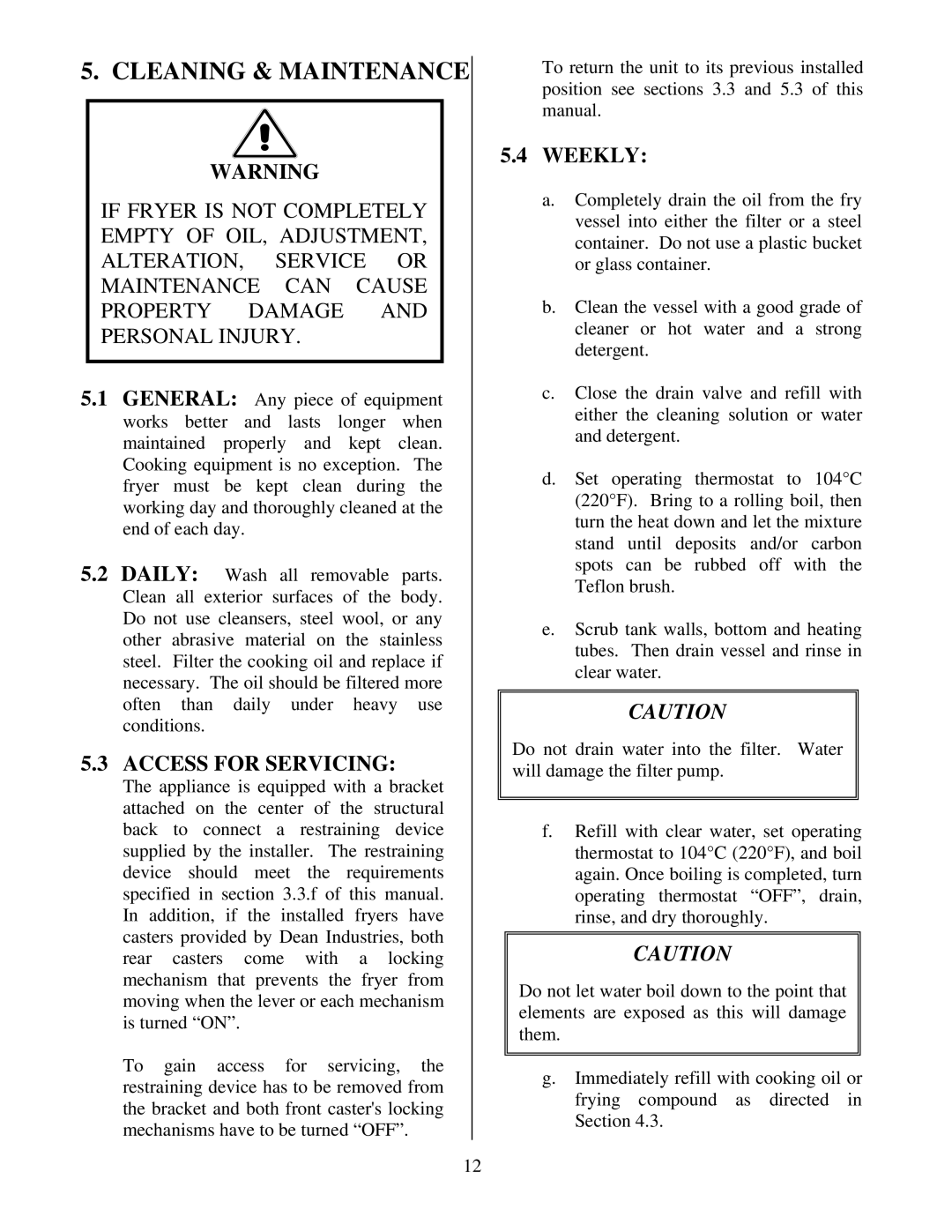 Frymaster Cool Zone Electric Fryer manual Cleaning & Maintenance, Access for Servicing, Weekly 