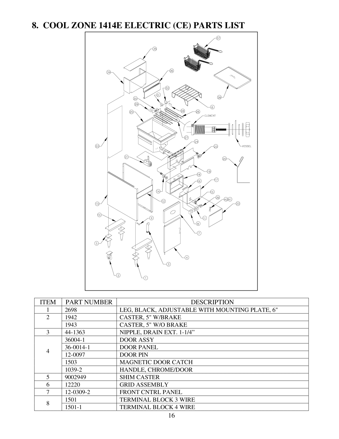 Frymaster Cool Zone Electric Fryer manual Cool Zone 1414E Electric CE Parts List, Part Number Description 