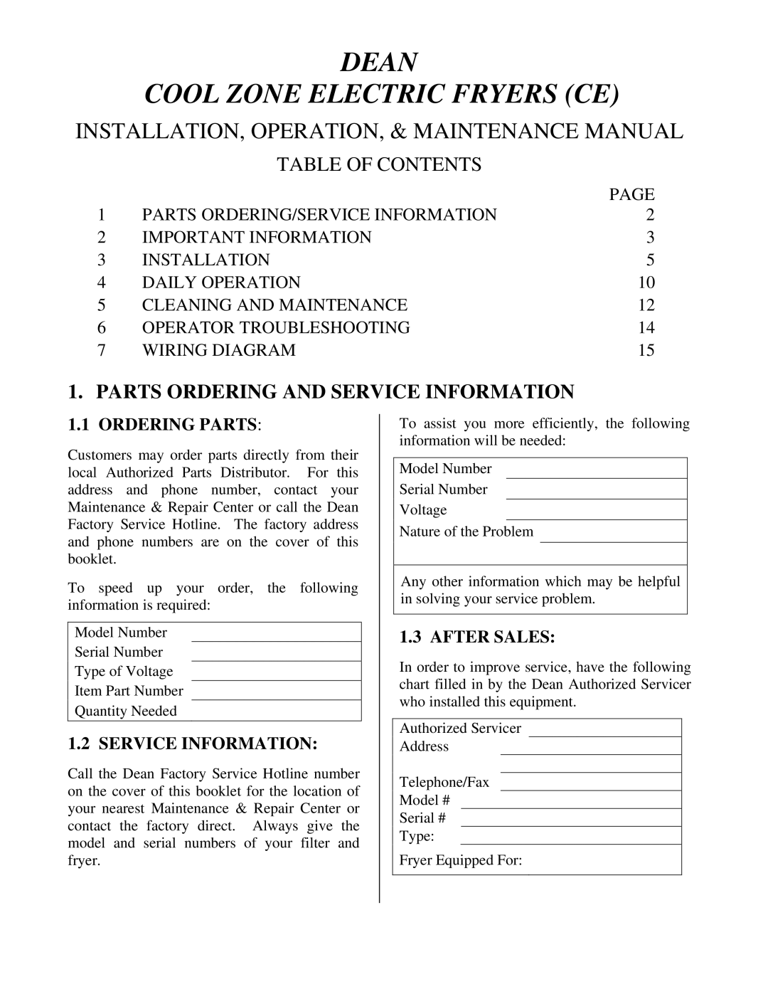 Frymaster manual Dean Cool Zone Electric Fryers CE, Parts Ordering and Service Information 