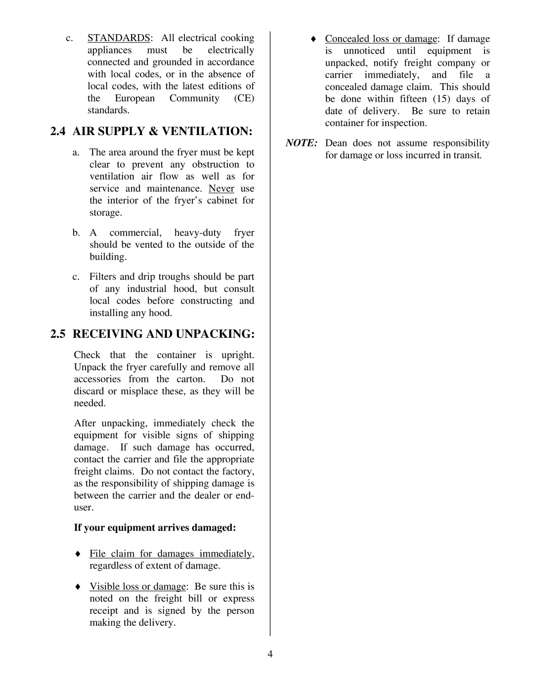 Frymaster Cool Zone Electric Fryer AIR Supply & Ventilation, Receiving and Unpacking, If your equipment arrives damaged 