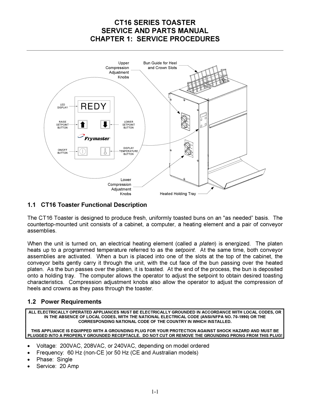 Frymaster CT16 Series manual CT16 Toaster Functional Description, Power Requirements 