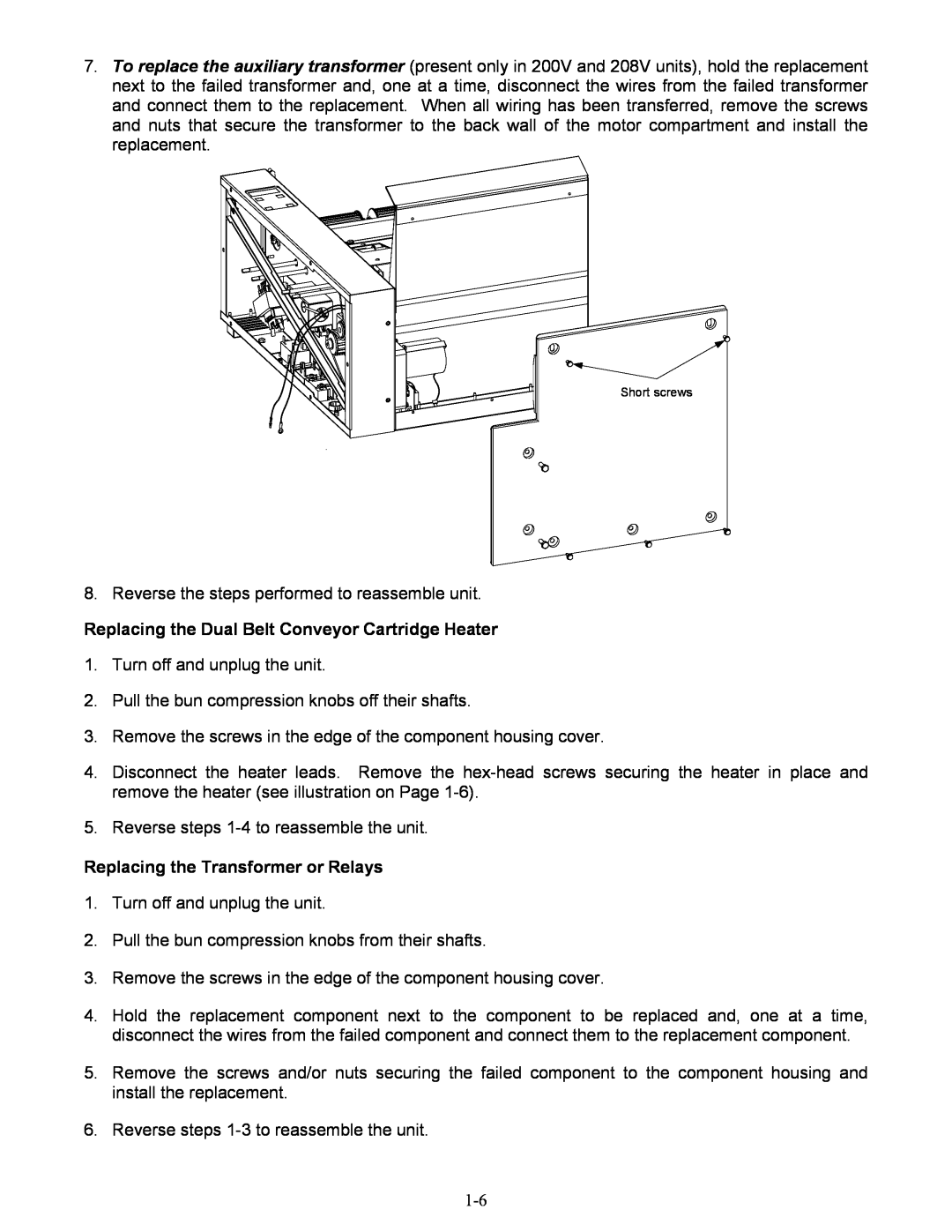 Frymaster CT16 Series Replacing the Dual Belt Conveyor Cartridge Heater, Replacing the Transformer or Relays, Short screws 