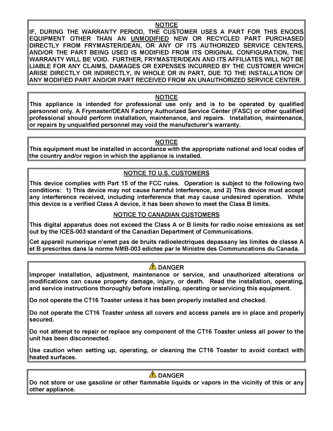 Frymaster CT16 operation manual 