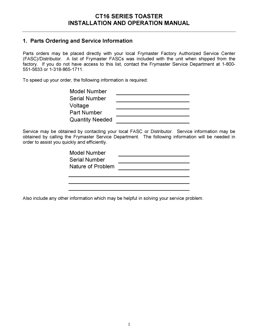 Frymaster operation manual CT16 Series Toaster, Parts Ordering and Service Information 