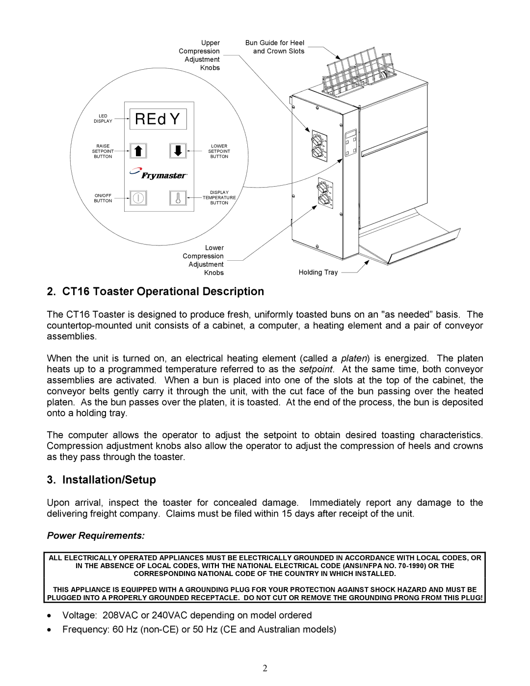 Frymaster operation manual CT16 Toaster Operational Description, Installation/Setup 