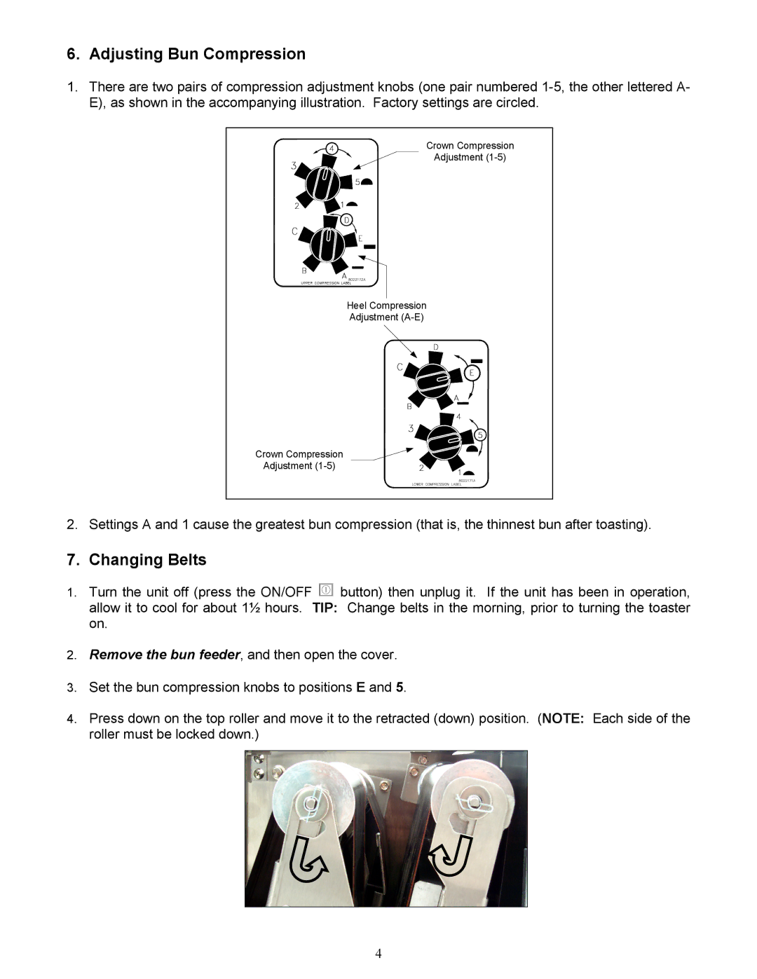 Frymaster CT16 operation manual Adjusting Bun Compression, Changing Belts 