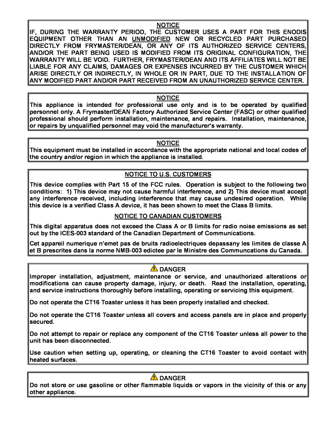 Frymaster CT16 operation manual Notice To U.S. Customers, Notice To Canadian Customers, Danger 