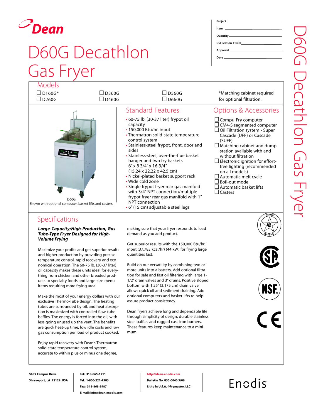 Frymaster D660G, D260G specifications Dean, D60G Decathlon Gas Fryer, Models, Standard Features, Options & Accessories 