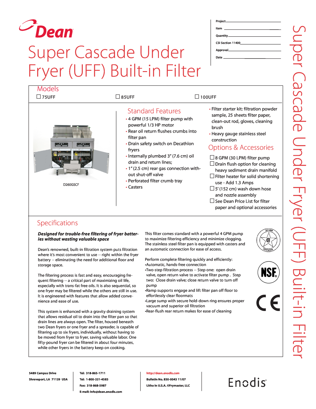 Frymaster D260GSCF specifications Dean, Super Cascade Under Fryer UFF Built-in Filter, Models, Standard Features 