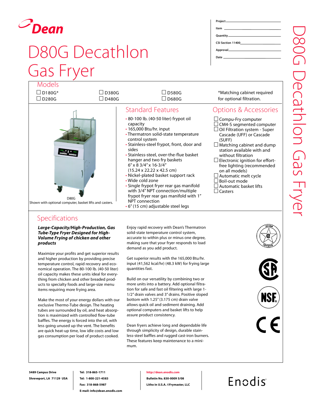 Frymaster D580G, D680G specifications Dean, D80G Decathlon Gas Fryer, Models, Standard Features, Options & Accessories 