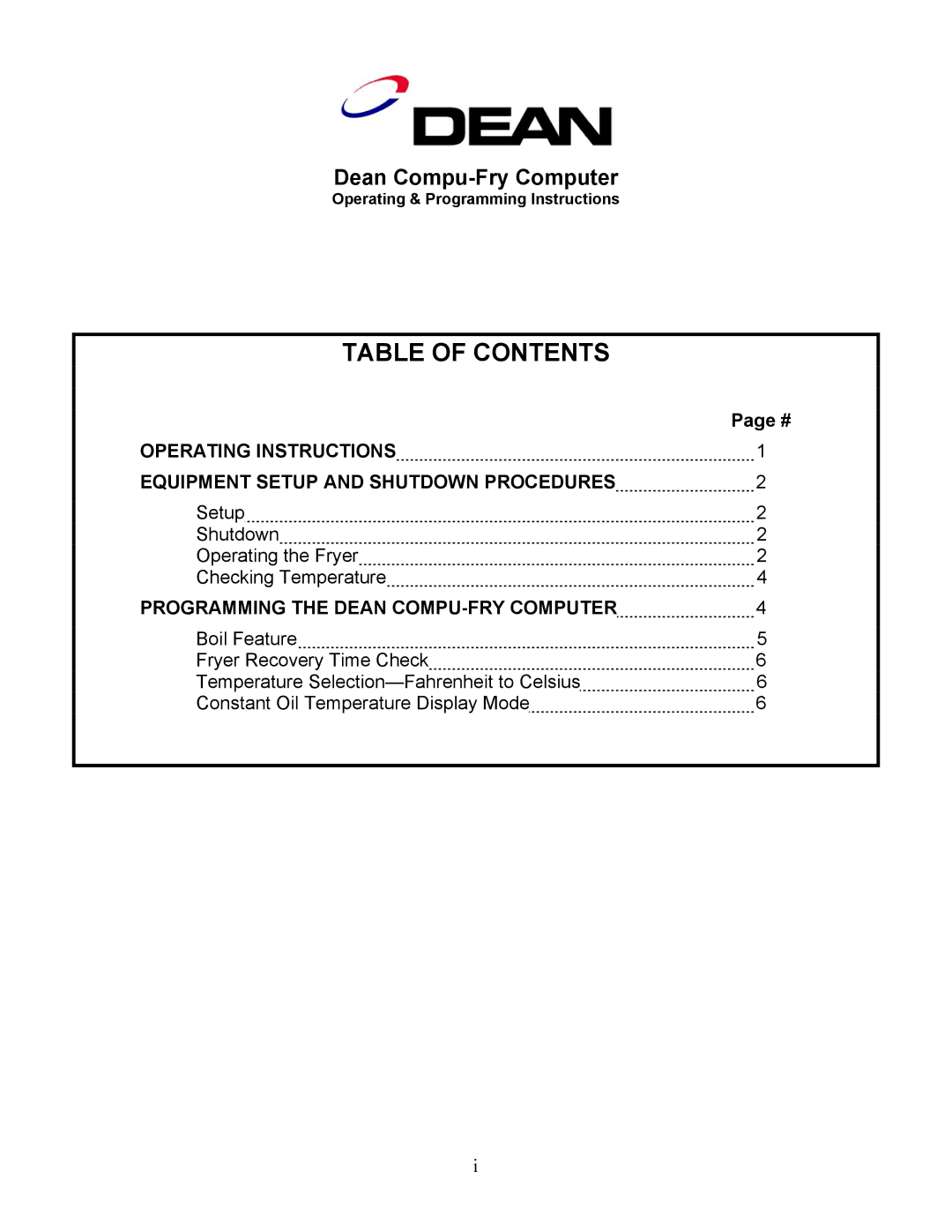 Frymaster Dean Compu-Fry manual Table of Contents 