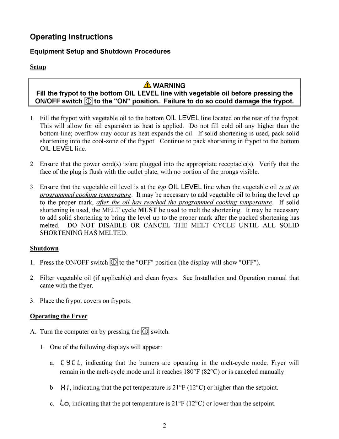 Frymaster Dean Compu-Fry manual Equipment Setup and Shutdown Procedures, OIL Level line 