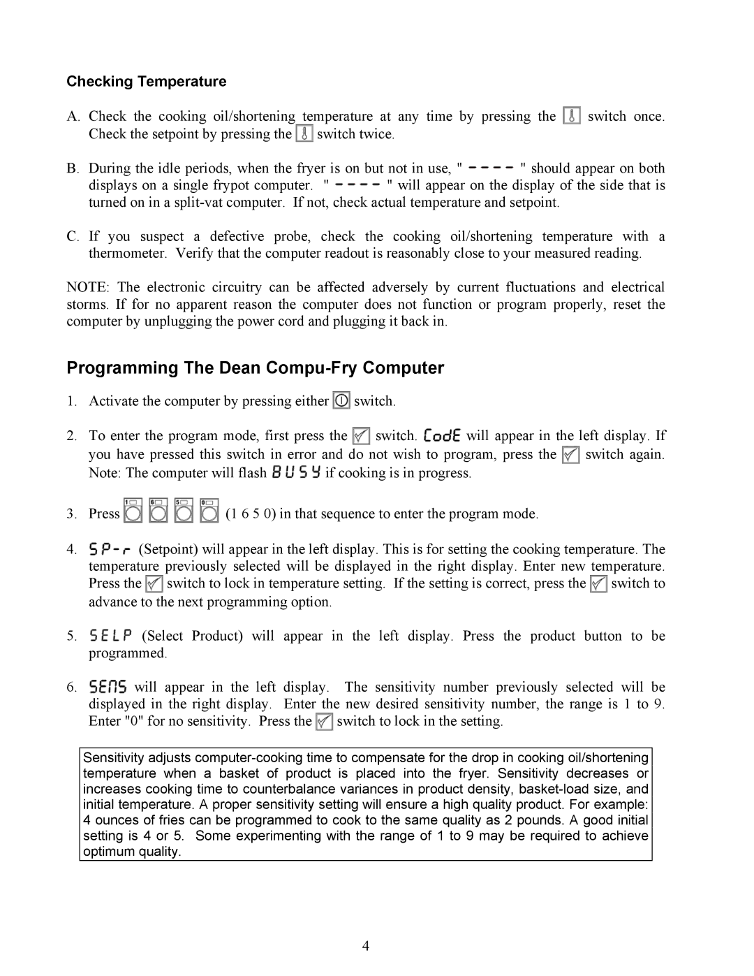 Frymaster manual Programming The Dean Compu-Fry Computer, Checking Temperature 