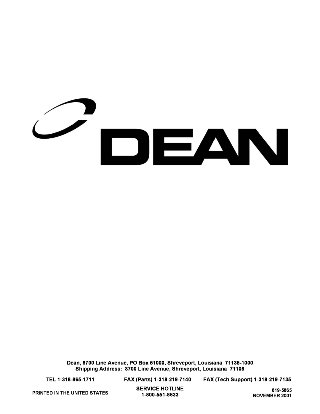 Frymaster Dean Compu-Fry manual Dean, 8700 Line Avenue, PO Box 51000, Shreveport, Louisiana, FAX Parts, FAX Tech Support 