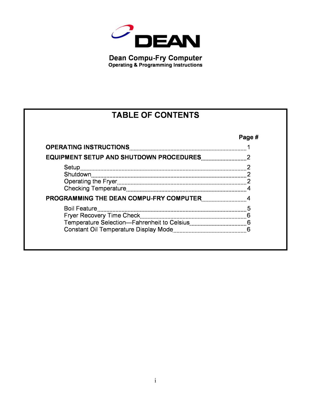 Frymaster Table Of Contents, Dean Compu-Fry Computer, Operating Instructions, Equipment Setup And Shutdown Procedures 