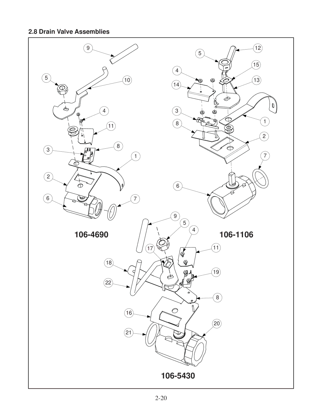 Frymaster DF20000001 manual 106-4690 106-1106 106-5430, Drain Valve Assemblies 