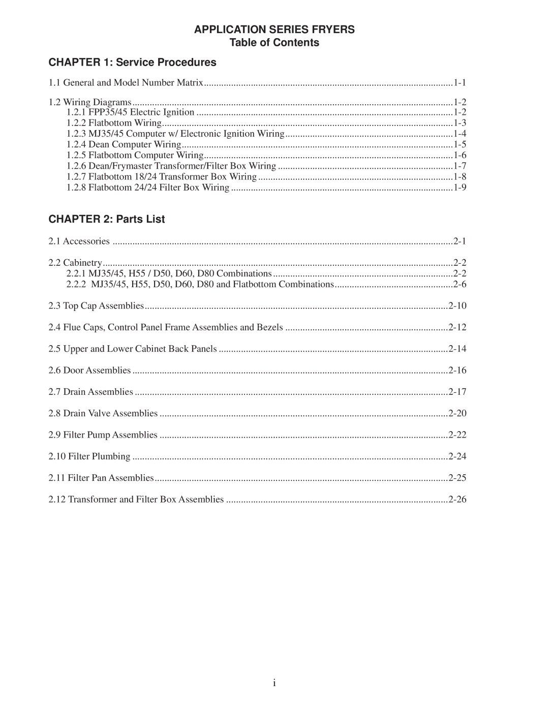 Frymaster DF20000001 manual Table of Contents Service Procedures, Parts List 