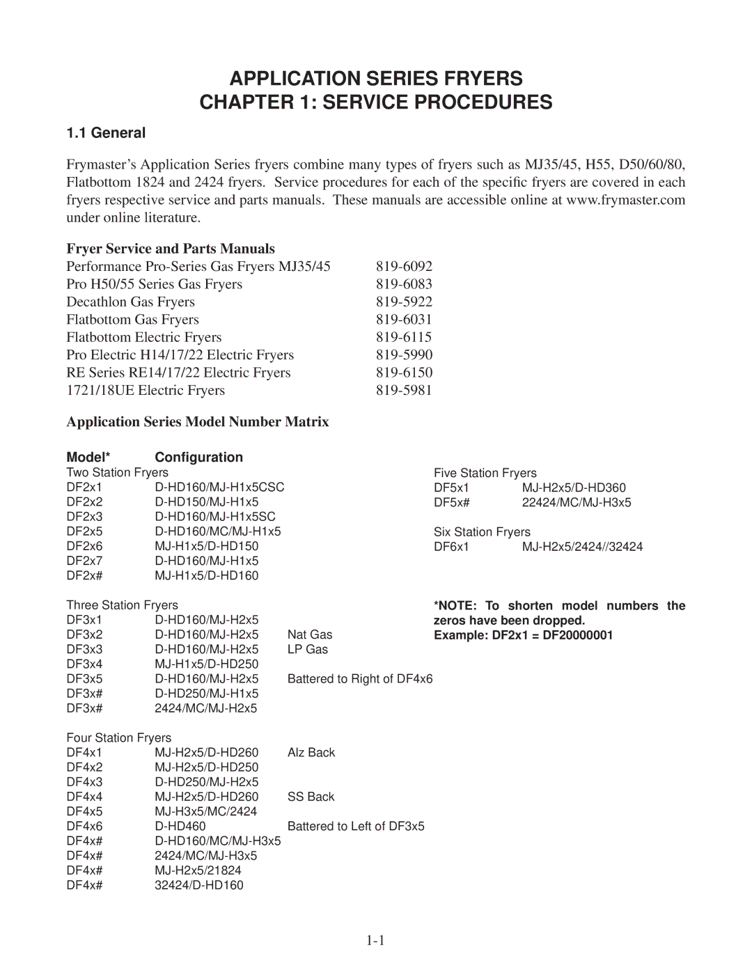 Frymaster DF20000001 manual Application Series Fryers Service Procedures, General 